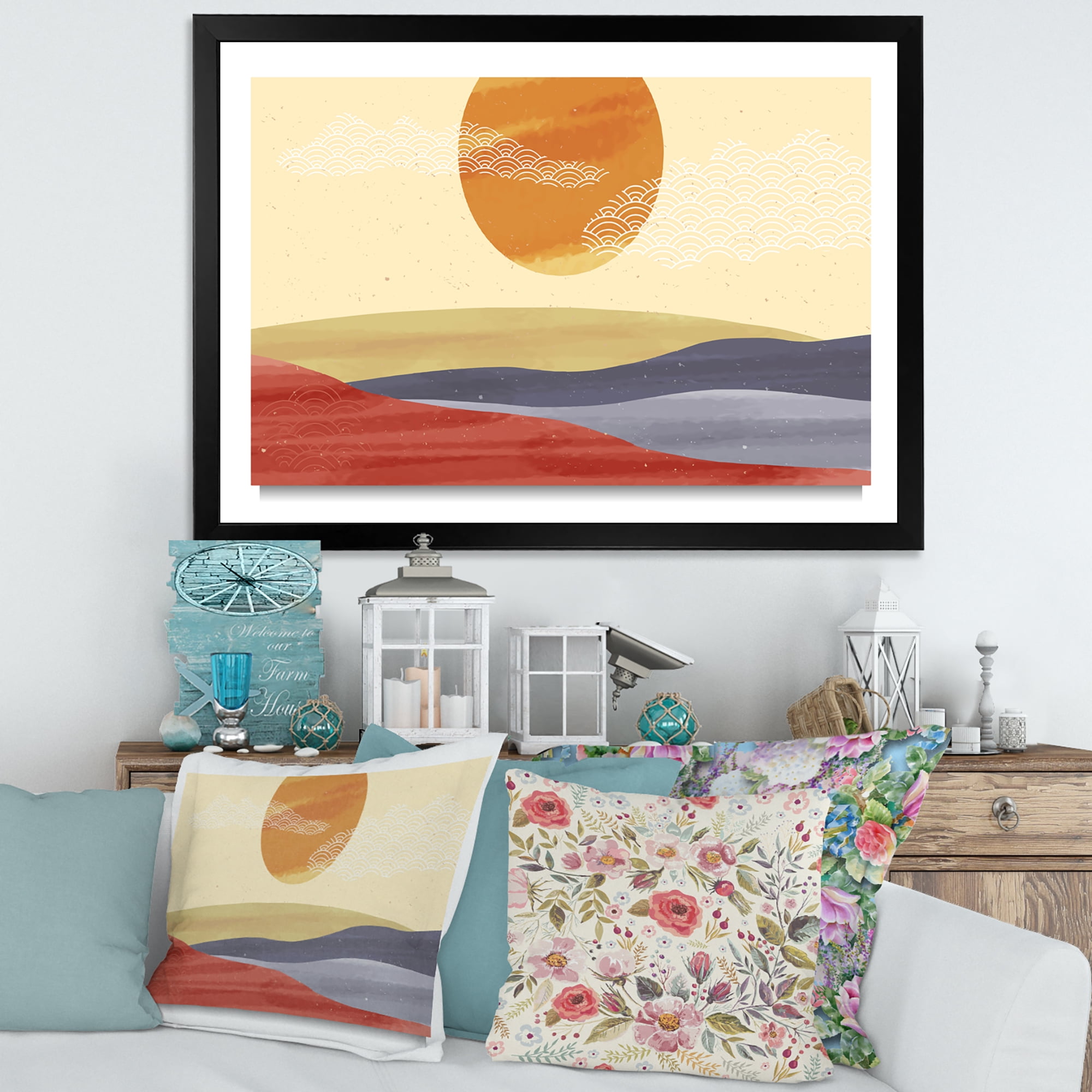 Designart 'Abstract Minimalistis Landscape Mountain & Moon' Modern Framed Art Print