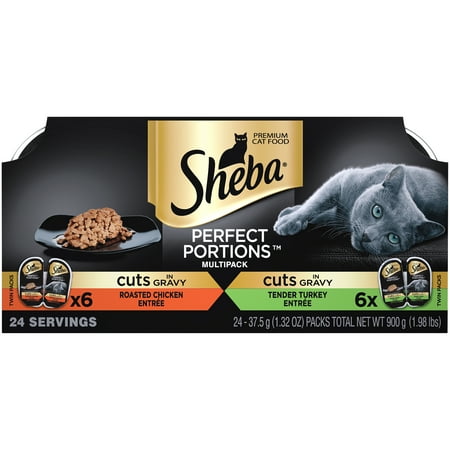 (12 Pack) Sheba Perfect Portions Wet Cat Food Cuts in Gravy Roasted Chicken Entree & Tender Turkey Entree Variety Pack, 2.6 oz. Twin-Pack (Best Low Fat Cat Food)