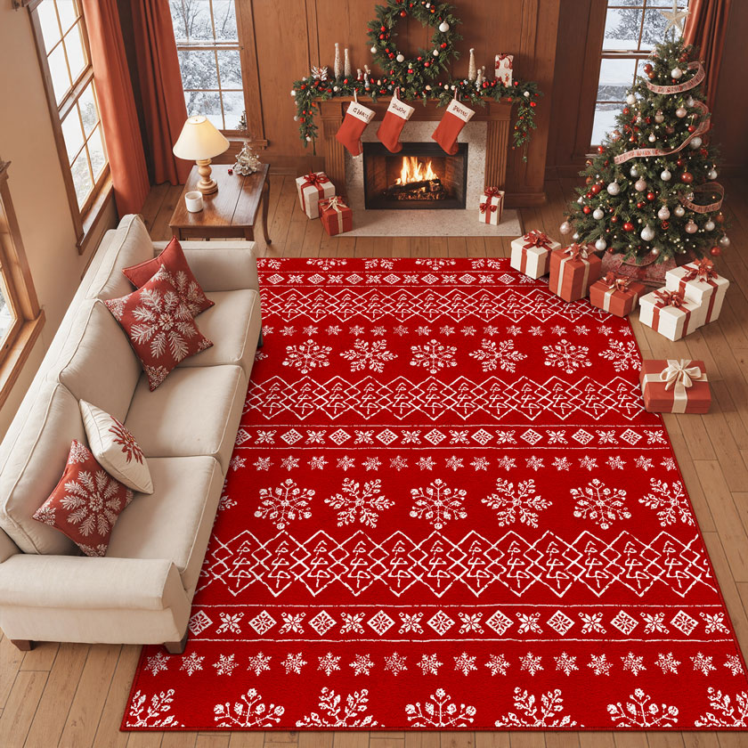 BERTHMEER 8'x10' Large Christmas Area Rugs for Living Room Kitchen Bathroom Bedroom Dining Room Entryway Laundry Room Washable Rugs Non-slip Boho Red Throw Rugs
