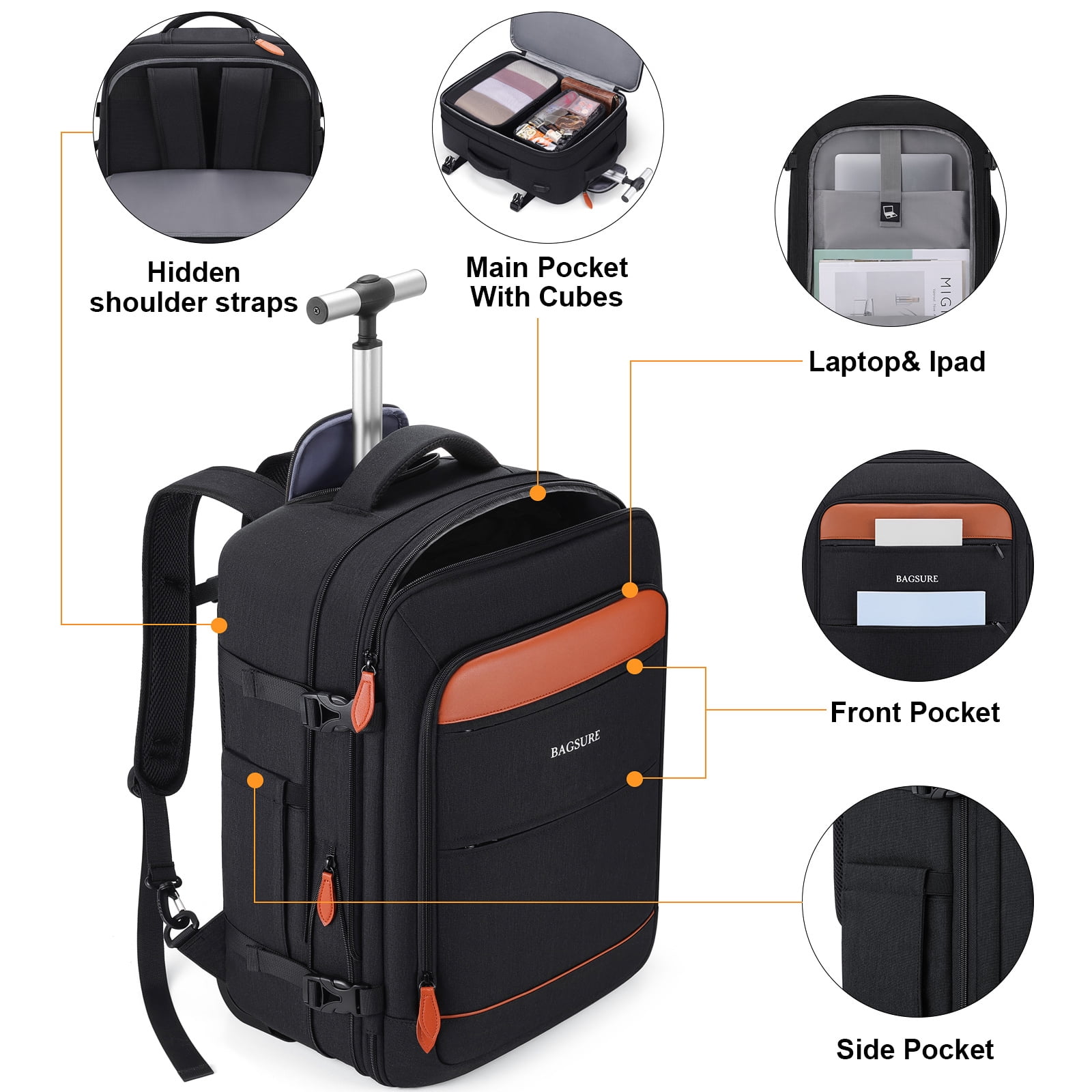 UKEIN Rolling Backpack for Adults Backpack with Wheels with USB Charging Port & Combination Lock Roller Backpack with Packing Cubes and Shoe Pocket
