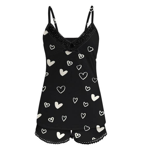 HOWPAY Womens Pajama Sets Valentine'S Day Loose Fit Cute Heart Graphic V Neck Sleeveless Tank Tops and Shorts Lounge Set Causal Soft Comfy 2 Piece Loungewear Black L