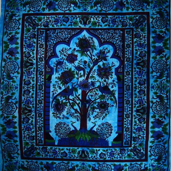 Blue Tree of Life Peacock Tapestry