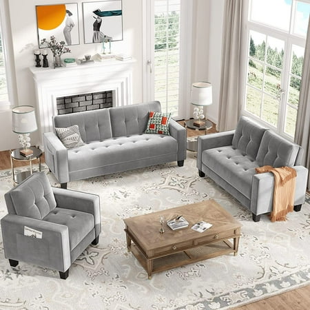 3 Piece Sofa Couch Set for Living Room,Sectional Sofa Sets for Living Room Furniture Sets,One 3-Seat Sectional Sofa & 1 Loveseat & 1 Single Chair,Grey