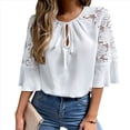 thumbnail image 1 of Blusa Informal de Verano para Mujer, con Mangas 3/4 y Cuello Redondo, de Encaje con Aberturas, Color Liso XXL, 1 of 7