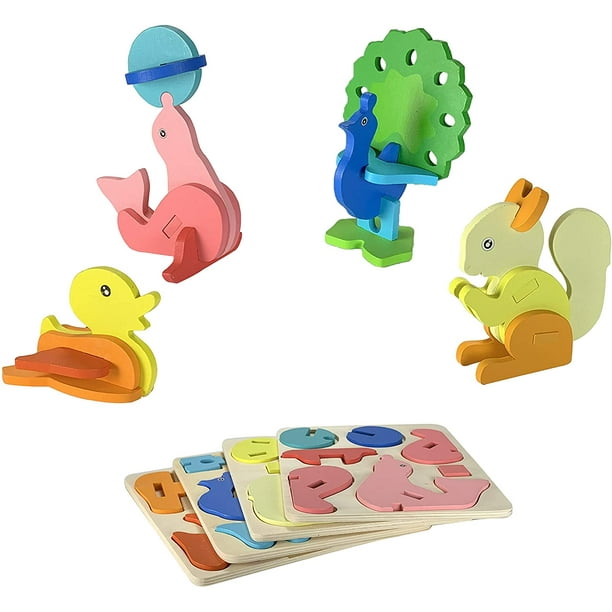 Rompecabezas de animales de madera 3D, juego de 4 + libro electrónico para niños pequeños preescolares de 4 5 6 7 años, juguetes educativos STEM Montessori – pato, ardilla, pavo real, foca