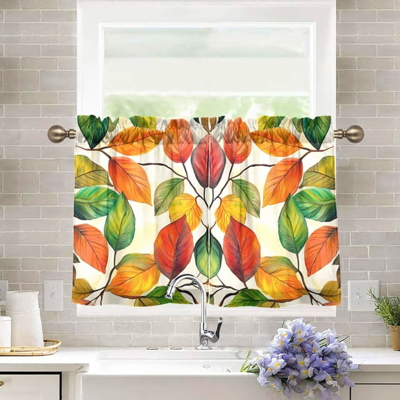 Yayeee Kitchen Curtains Tier Pair Light Filtering 27"x36" Rod Pocket Short Cafe Window Panel, Beige Leaves