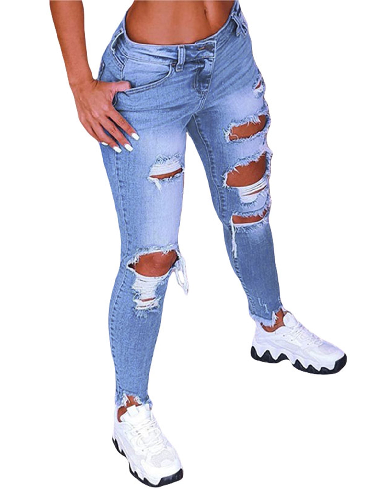 Women Skinny High Waist Ripped Jeans Stretch Jeggings Lady Trousers Denim Pants 
