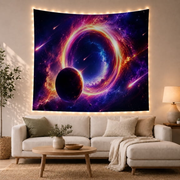 Cosmic Portal with Planet and Shooting Stars, Dramatic Psychedelic Style for Space Lovers, Galaxy Wall Art, Housewarming Gift, Tapestry Wall Hanging for Bedroom and Dorm