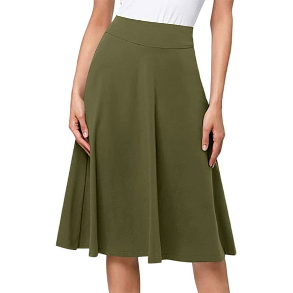 Women's High Waist Knee Length Elastic Knit A-Line Skirt, Stretch Flared Casual Midi Skirt with Comfort Fit for Daily Use,Army Green,L