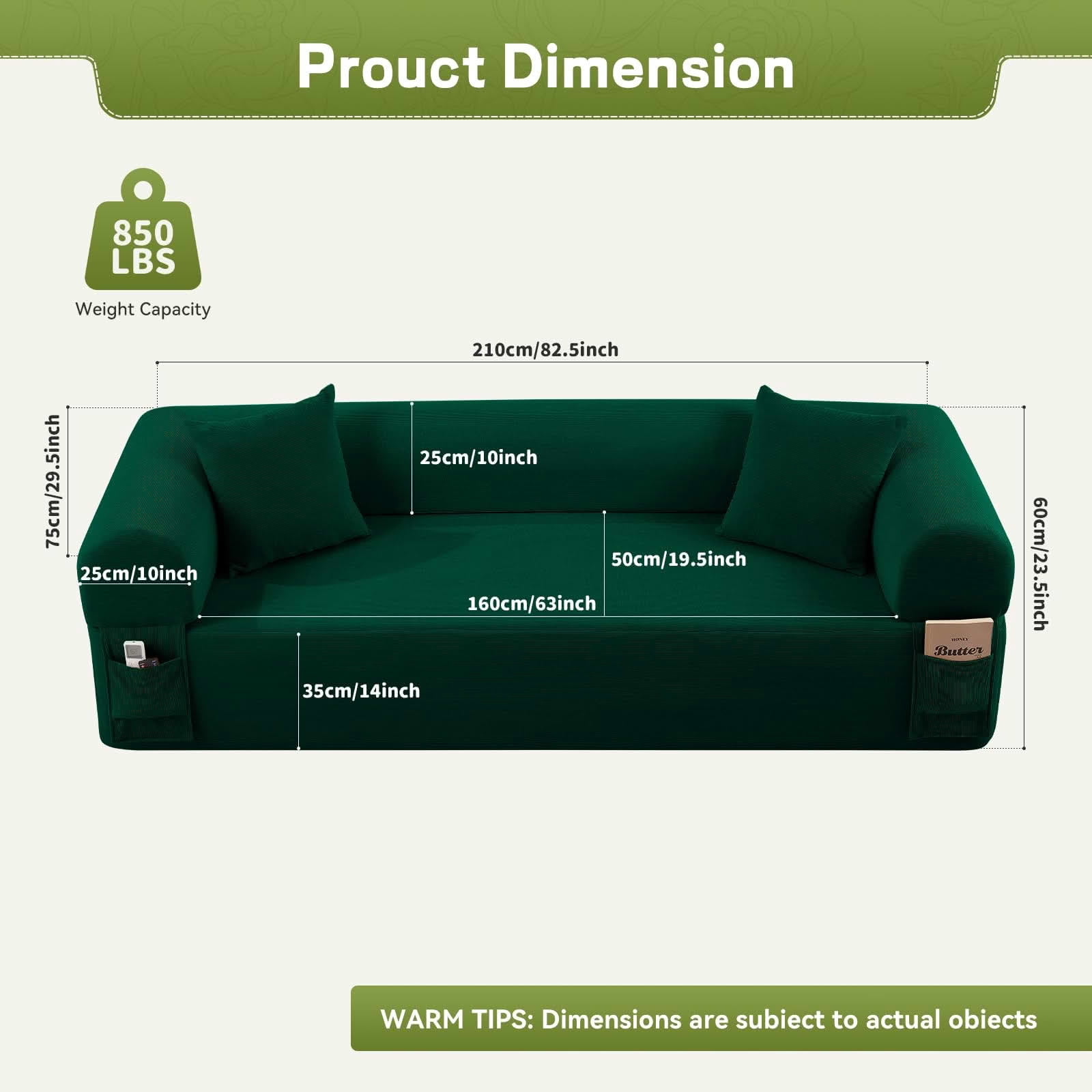 MAYEERTY 83" Green Corduroy 3-Seater Sofa, 600lbs Pocket Spring No Assembly Couch for Living Room
