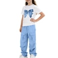 thumbnail image 7 of FSYBOA Girls Outfit Sets, Graphic Shorts Sleeves 2 Piece Crew Neck Kids Summer Tops and Pants Blue Size 5-6T, 7 of 7