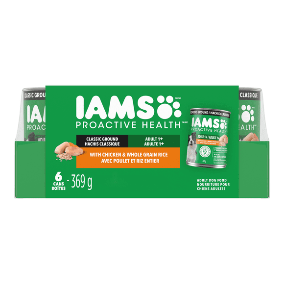 Nourriture humide pour chiens adultes Iams Proactive Health avec poulet et riz entier, hachis classique