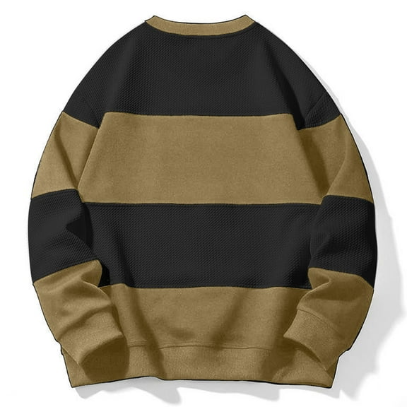 Men's Round Neck Pullover Sweatshirt Strip Oversized Long Sleeve Tops with Pockets Fall Casual Loose Shirt for Men (Khaki 4XL)