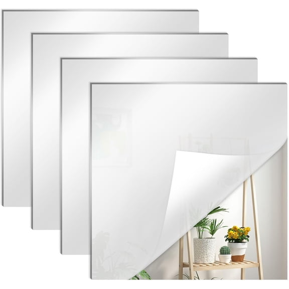 4 PCS Self Adhesive Mirrors 8" x 8" Mirror Tiles, Acrylic Mirror Frameless Mirror Tiles for Full Body Mirror Bathroom Living Room Kitchen