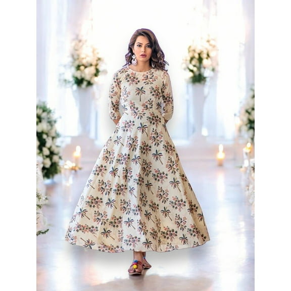 Cream: Muslin Printed Work Traditional Gown,Cultural Wear for Women,02