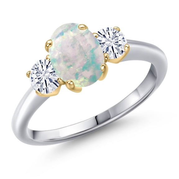 Gem Stone King 925 Silver and 10K Yellow Gold Simulated White Opal and White Moissanite Engagement Ring for Women | 1.46 Cttw | Oval Cabochon 8X6MM | Gemstone October Birthstone | Size 5