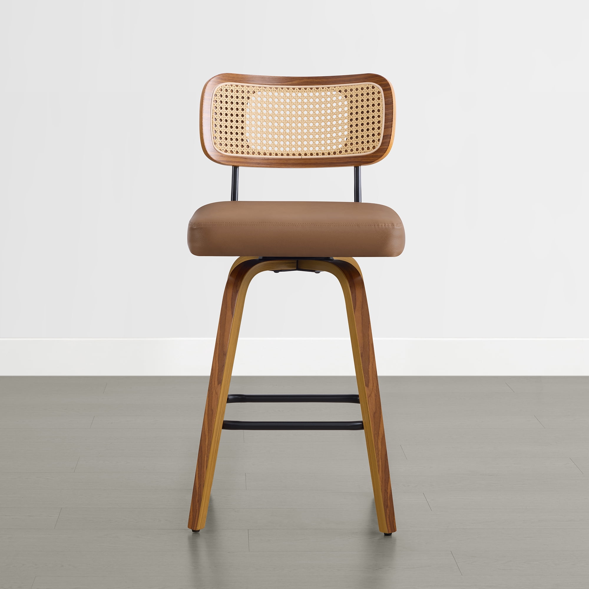Spruce & Spring 26" Swivel Counter Bar Stool with Walnut Bentwood Frame Set of 2, PE Rattan Back, Brown