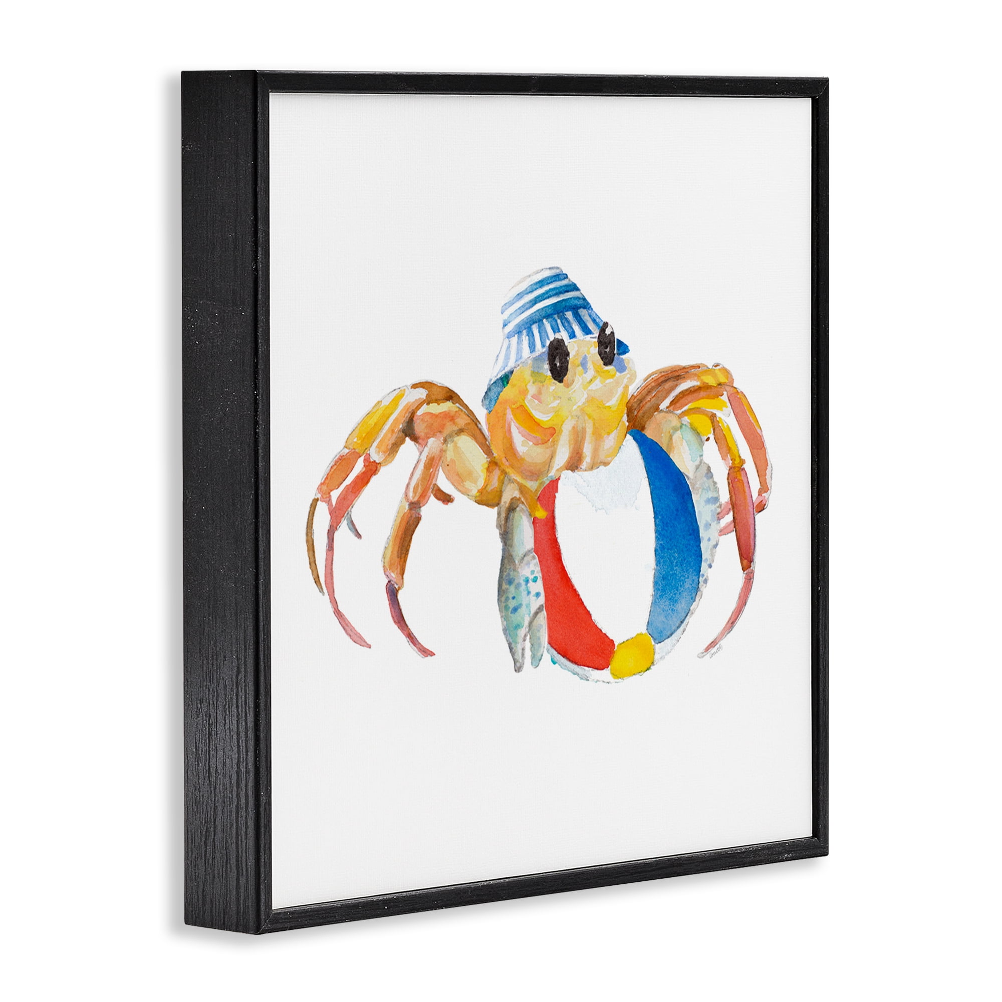 Stupell Industries Beach Ball Crab Novelty Painting Black Framed Art Print Wall Art, 12 x 12