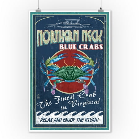 Northern Neck, Virginia - Blue Crab Vintage Sign - Lantern Press Artwork (9x12 Art Print, Wall Decor Travel