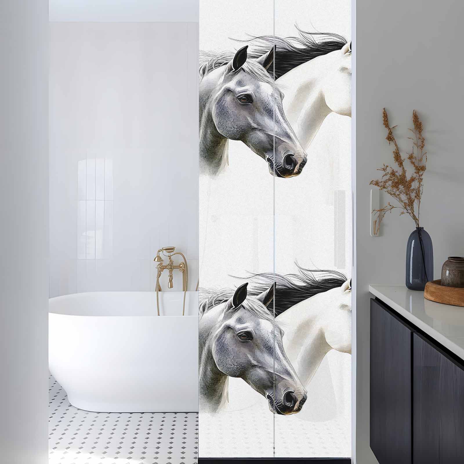 Horse Print Window Privacy Film, Modern Watercolor Grey White Animals Static Cling UV Sun Blocking Heat Control Window Tint Day and Night, Non-Adhesive One Way Windows Privacy Cover 17.7''x78.7''