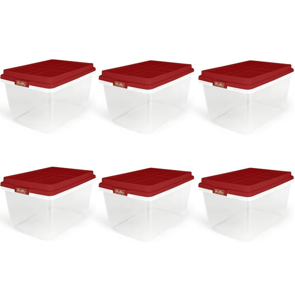 Hefty 72 Quart Clear Plastic Christmas Storage Bin with Holiday Red HIRISE Lid, Set of 6