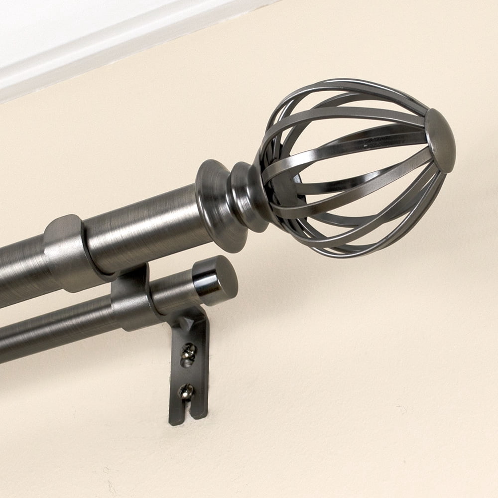 Lumino 1" and 5/8" Plated Pewter Regis Cage Adjustable Double Curtain Rod Set, 42"-120"