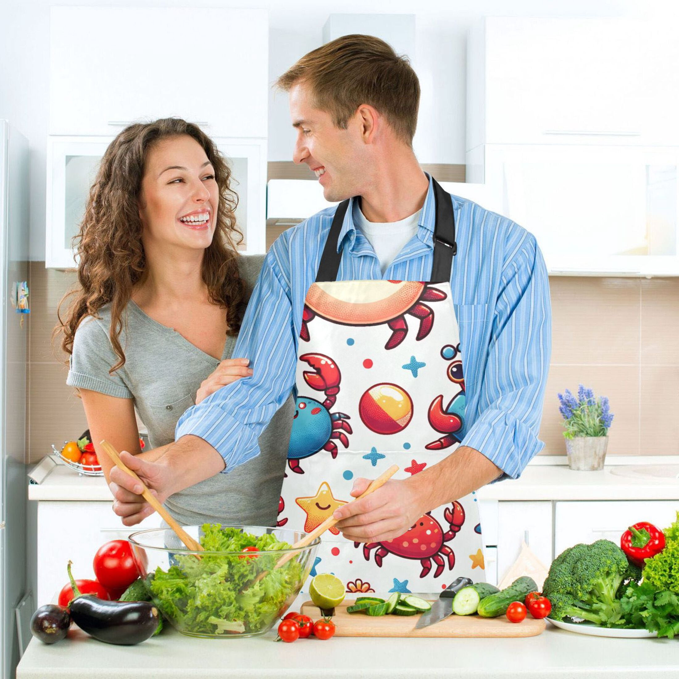 Cute Crabs with Starfish 5 Pcs Kitchen Set Heat Resistant Oven Mitts and Non-Slip Pot Holders with Adjustable Cooking Apron
