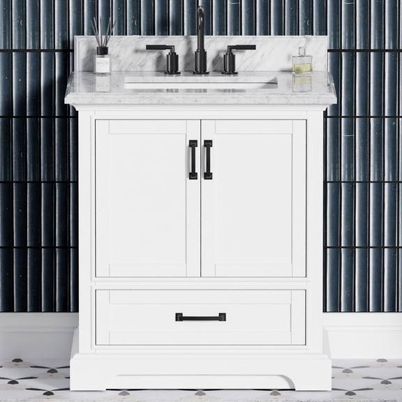 Rhoda 30" Single Bathroom Vanity, 31" W x 22" D x 34.5" H, Carrara Marble Top, Sink & Backsplash, White, Solid Wood, Pre-Assembled, Soft-Closing Drawers and Doors, Built-in Power Outlets