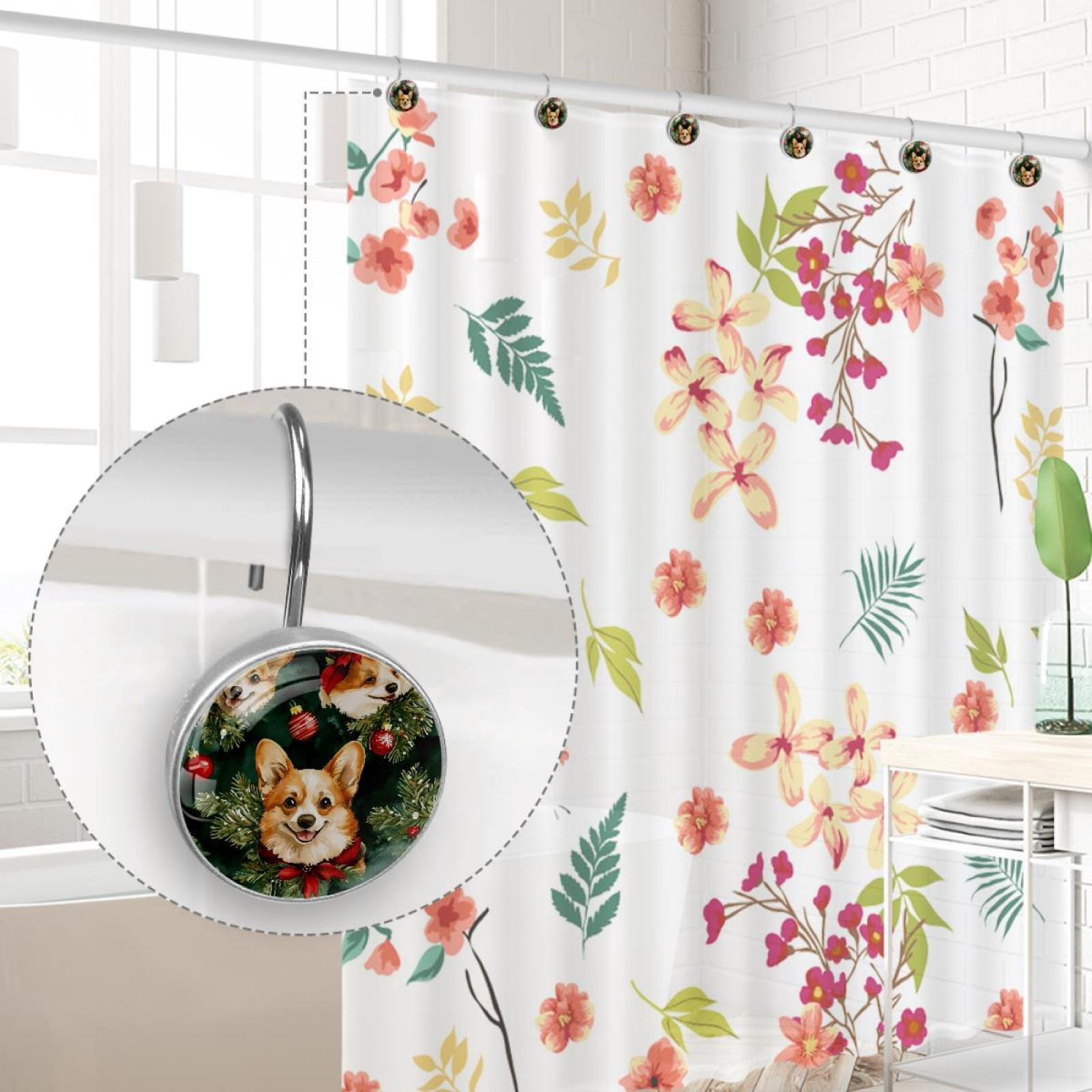 Christmas Corgis and Bells Shower Curtain Hooks Round Crystal Glass, Set of 12 Shower Curtain Rings - Shower Hooks for Curtain Shower Rings