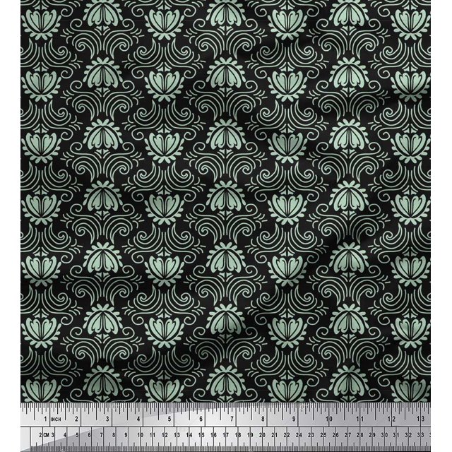 Soimoi Black Modal Satin Fabric Filigree Damask Printed Craft Fabric by the Yard 42 Inch Wide