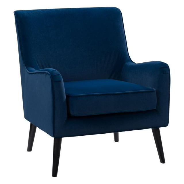CorLiving Isla modern indoor accent chair in navy blue velvet with tapered dark wood legs.