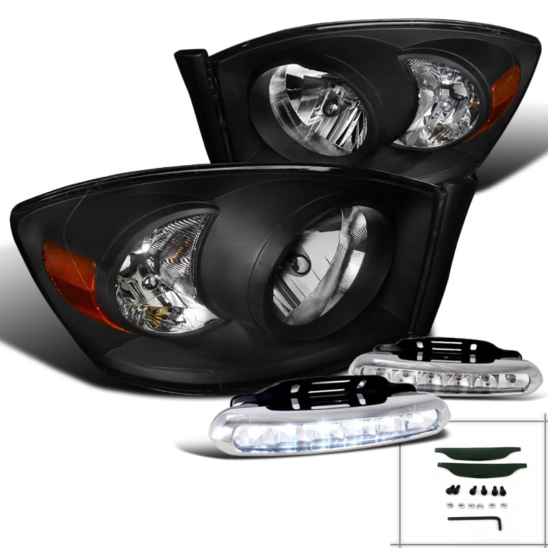 06-08 Dodge Ram Chrome Crystal Headlights w//O Amber Bar+LED Fog Lamps