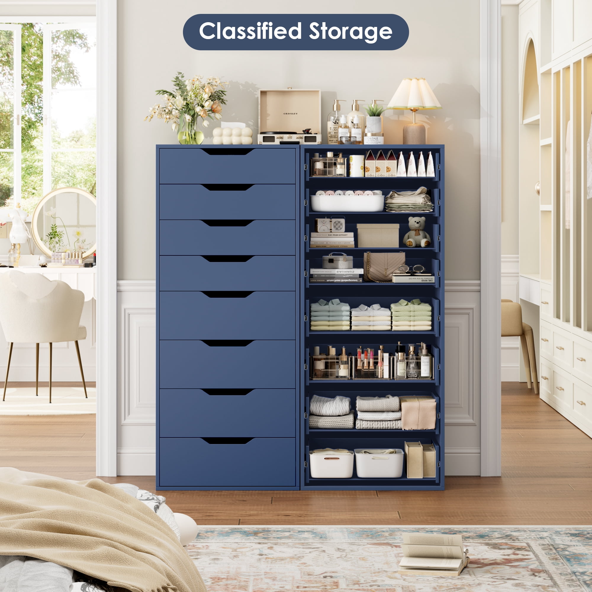 Homfa Compact 8 Drawer Bedroom Dresser for Small Spaces, Wood Tall Chest of Drawer, Blue
