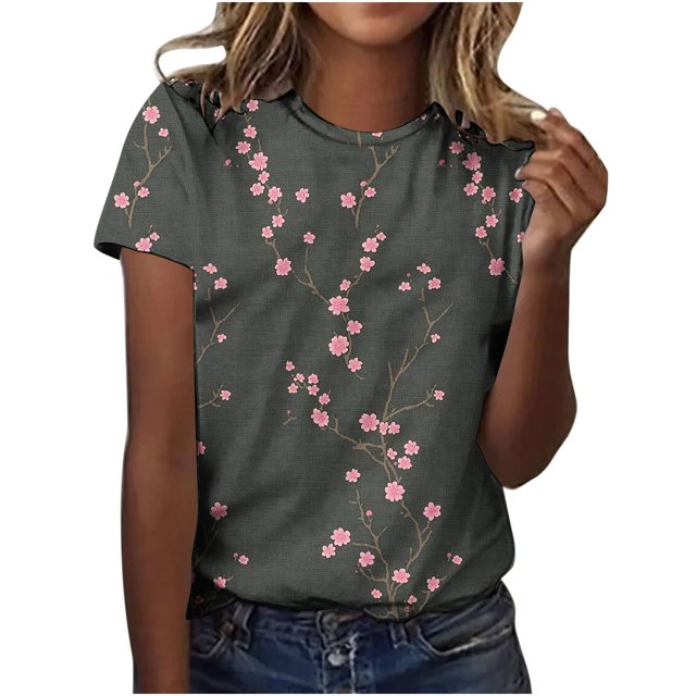 Pisexur Hauts d'Été pour Femmes, Blouses Habillées Décontractées pour Femmes Hauts à la Mode Chandail Décontracté Imprimé Manches Courtes Col Rond, Grandes Tailles pour Femmes Multicolore, 2TG