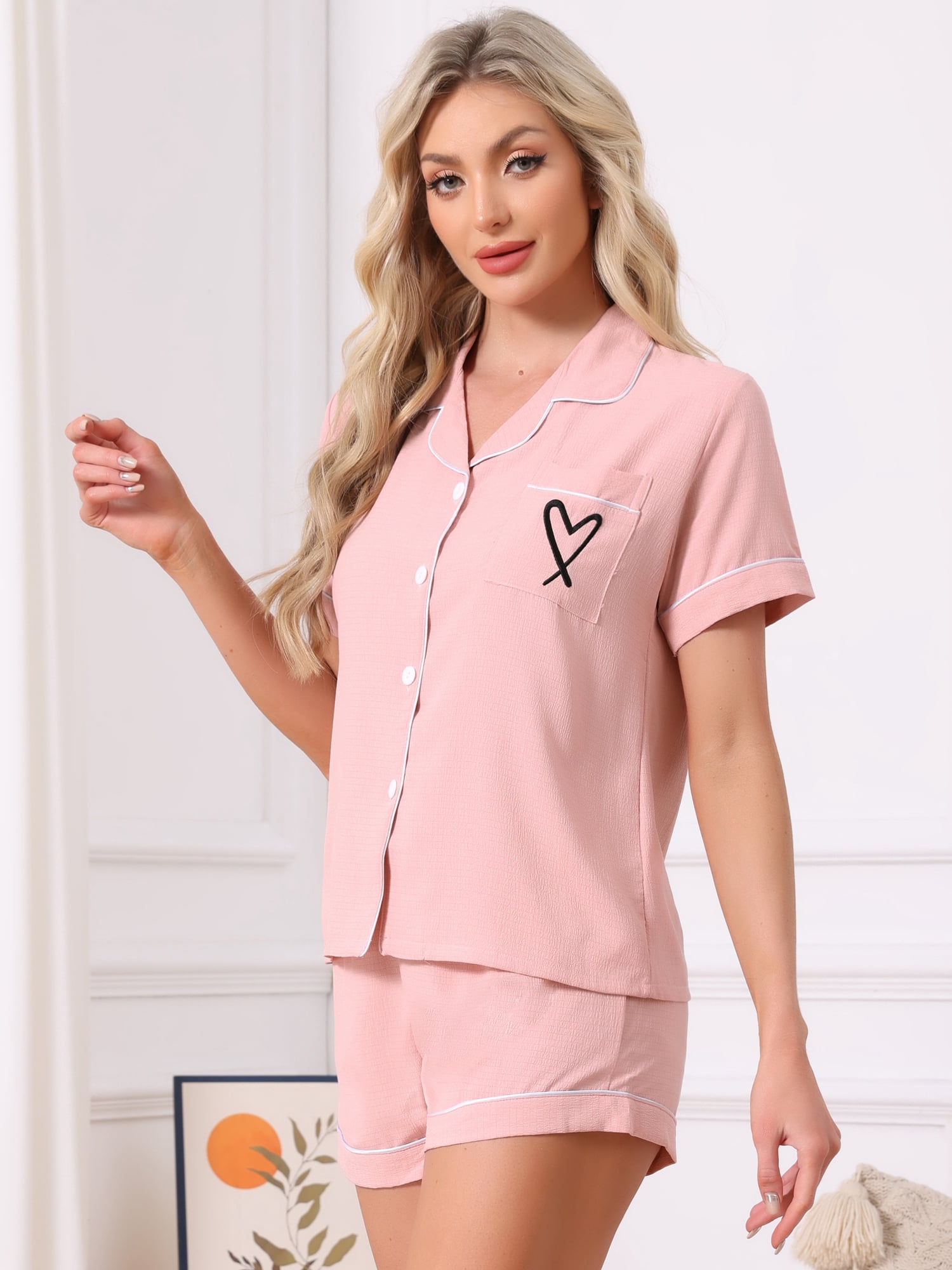 DARING DIVA Women's Pajama Set Heart Print Short Sleeve Button Down Shirt S Pink
