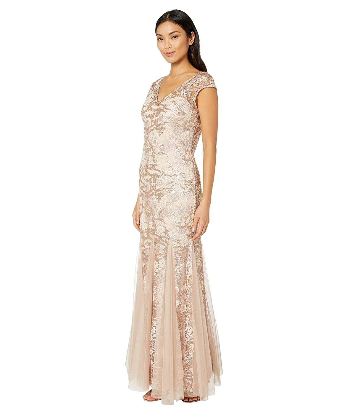 Alex Evenings Long Embroidered Fit-and-Flare Dress with Godet Detail Skirt  and Shawl Rose Gold