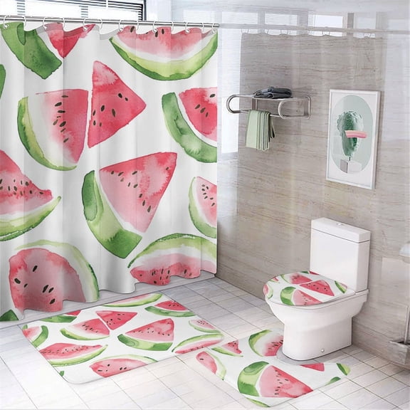 Watercolor Watermelon Slices 4 Piece Bathroom Shower Curtain Sets with Non-Slip Rugs Toilet Lid Cover And Bath Mat Bathroom Decor Set Farm Fresh Watermelon Waterproof Durable Bathroom Decor Shower