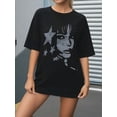 thumbnail image 4 of Women's Oversized Black T-Shirt with Vintage Face and Stars Graphic, Loose Fit Grunge Streetwear Tee Top, 4 of 6