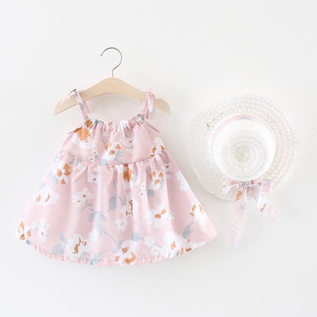 LSLJS Tout-Petits Enfants Bébés Filles Mignon Été Fleurs Imprimé Robe à Bretelles Jupe Chapeau Ensemble, Princess Dresses