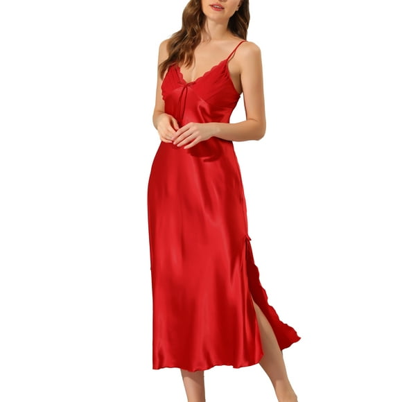 INSPIRAR CHIC Vestidos de Noche Largos de Satén para Mujeres con Escote en V, Chemise Suave, Vestido de Pijama, Vestido de Noche L Red