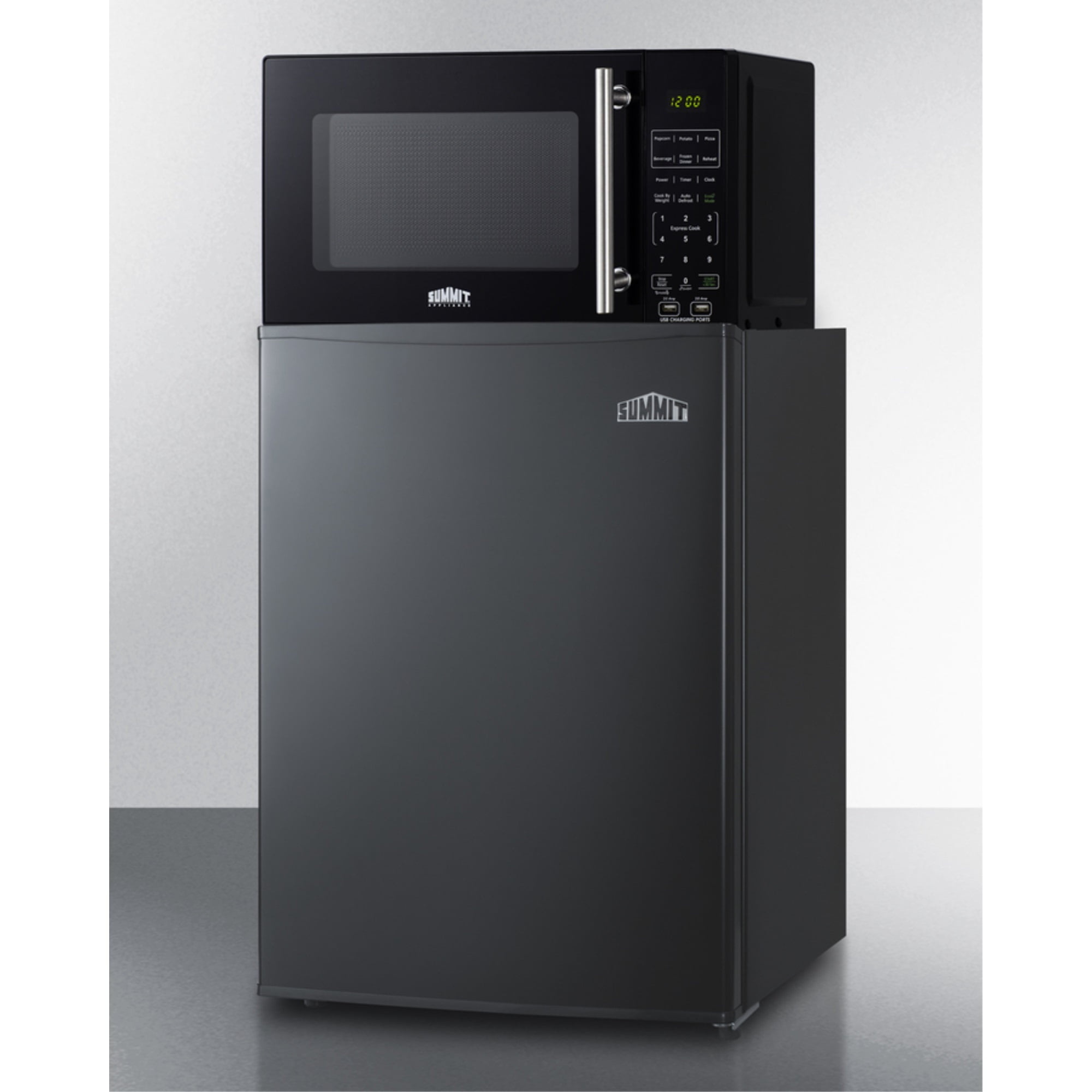Compact all-refrigerator in black and microwave with built-in allocator, with brackets included (ships in 3 boxes on one pallet)