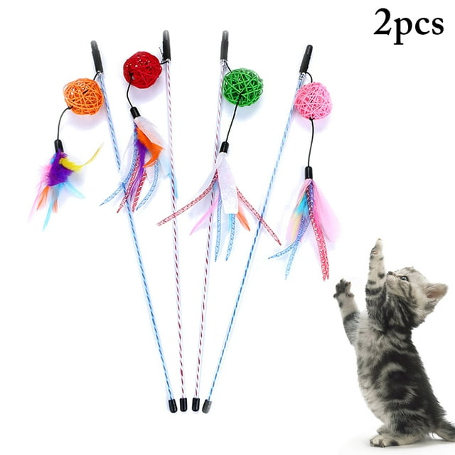 2PCS Cat Wand Toy Creative Rattan Ball Cat Toy Fake Feather Kitten Toy with Bell