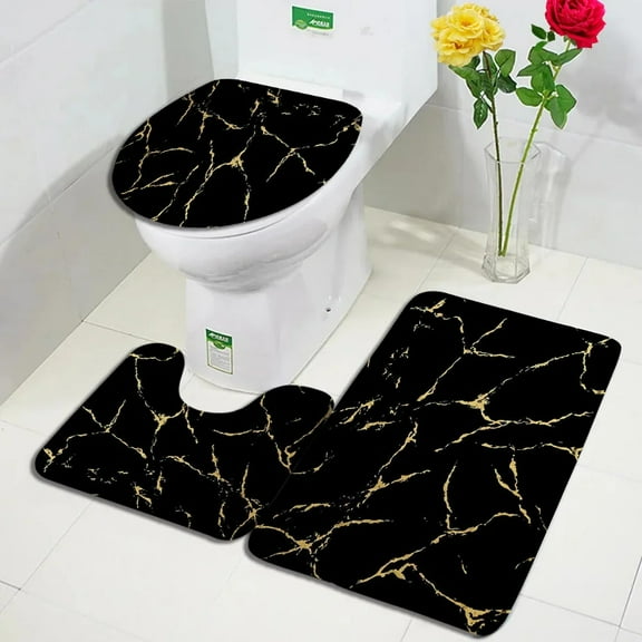Abstract Black Marble Set Gold Textured Patterns Modern Geometric Carpet Home Bathroom Decor Flannel Floor Rugs Toilet Lid Cover