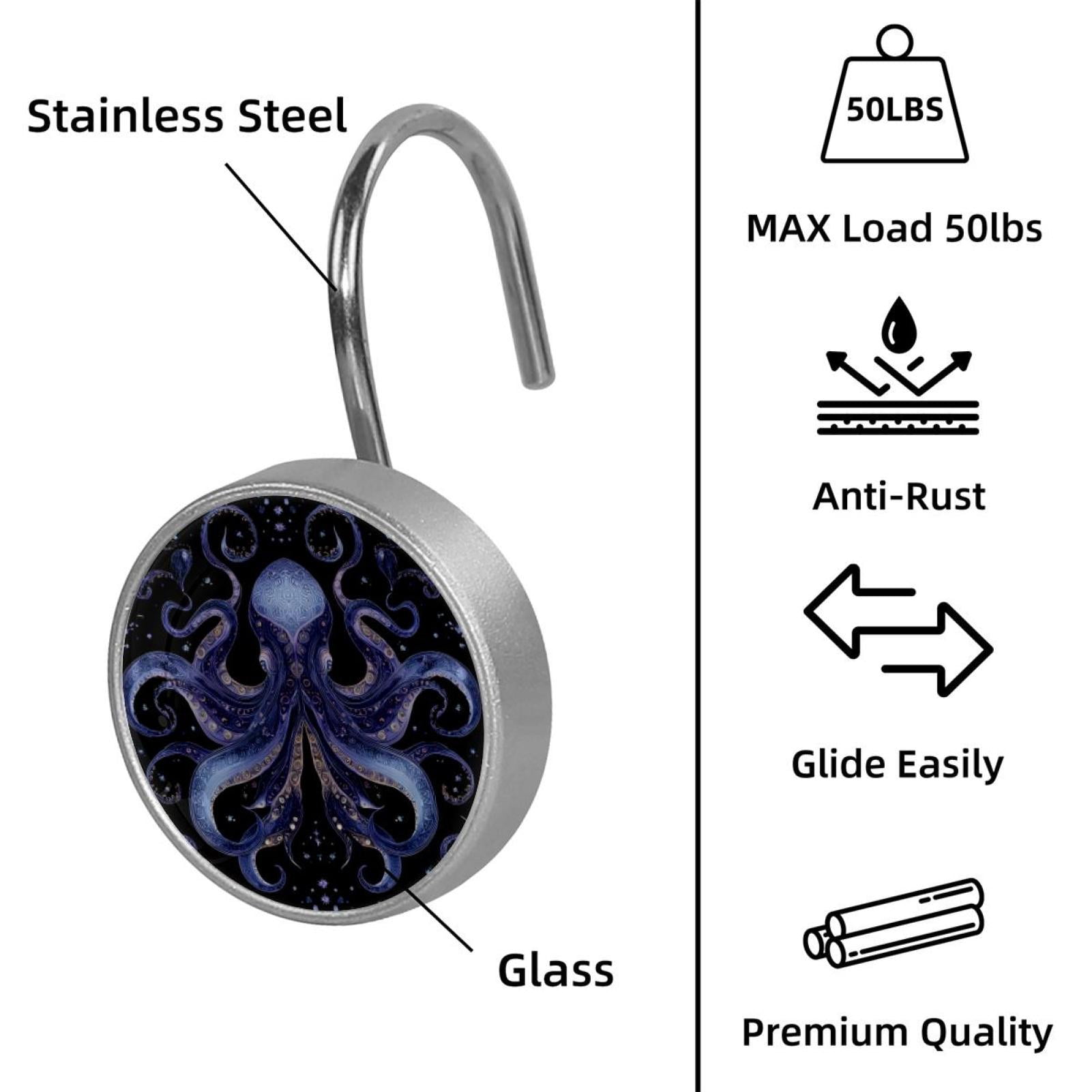 12pcs Decorative Shower Curtain Hooks, Rust Resistant Shower Rings for Bathroom Living Room,Rustproof Stainless Steel Rings for Shower Curtain and Liner Rods,Octopus Purple