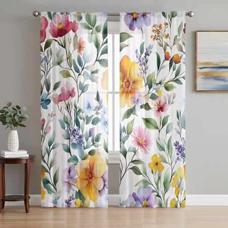 Retro Flower Sheer Curtains 96 Inch Length 2 Panels Set Green Eucalyptus Colorful Floral Painting Voile Window Treatment Semi Sheer Long Curtains Drapes for Bedroom/Living Room/Kitchen 52 x96 x2