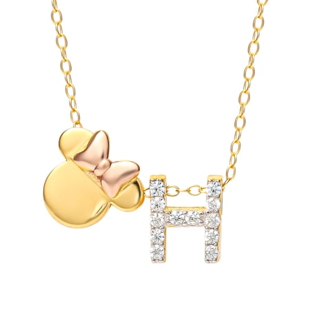 Disney Minnie Mouse Sterling Silver Gold Plated Cubic Zirconia Initial Pendant Necklace, 18" - Letter H