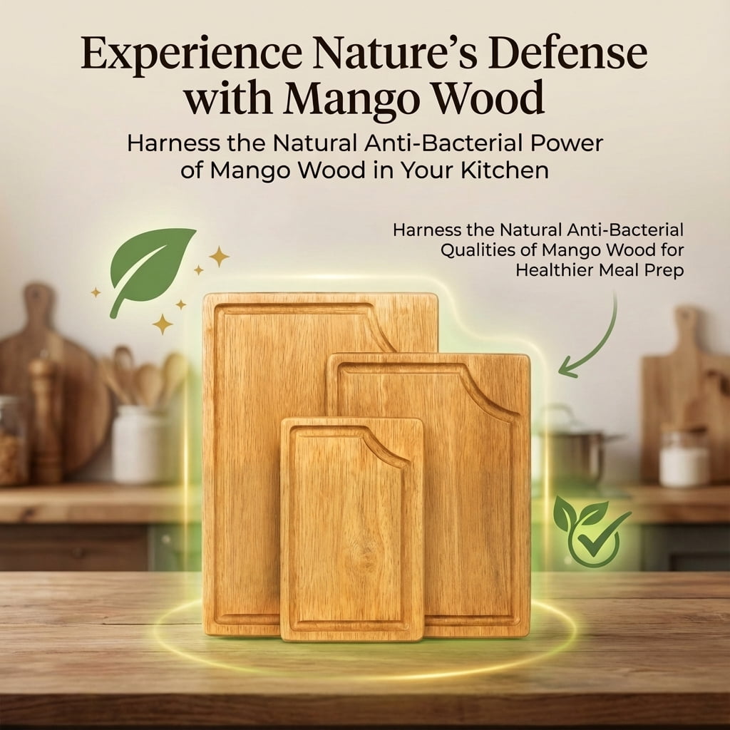 3-Piece Wooden Cutting Board Set with Juice Grooves, Mango Wood Chopping Boards for Kitchen Prep and Charcuterie Serving, Eco Friendly Multi Size Cutting Boards with Built-in Handles (Natural)