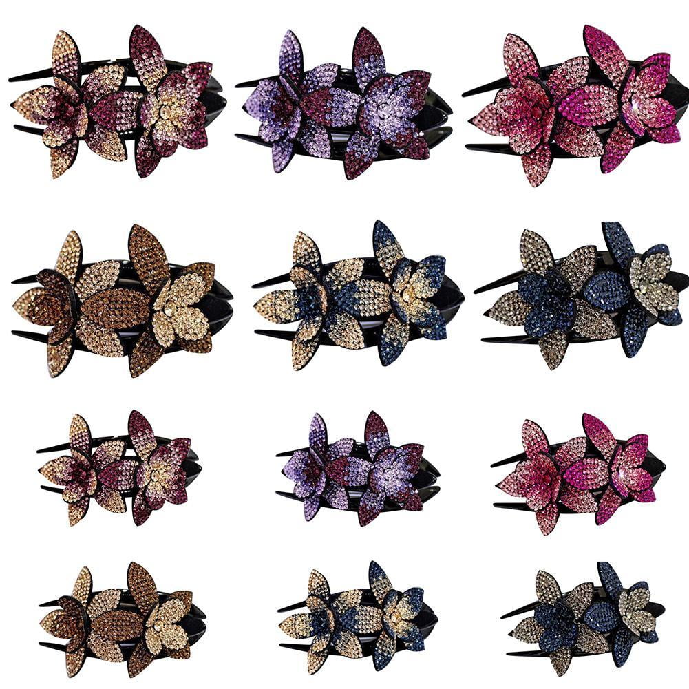 Women Rhinestone Double Flower Hair Clips Shinning Crystal Drills Duckbill Hair Claws Elegant Hair Combs Hairgrip Headwear Hair B7F2
