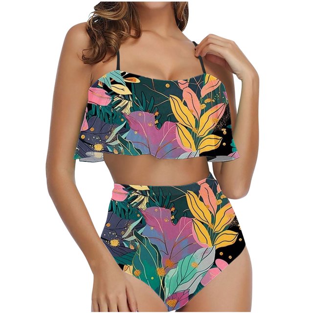 Karymi Women Print Strappy Back Set Two Piece Ruffled Bikini Swimsuits Set Up to 60% off Up to 45% off New Year's Day