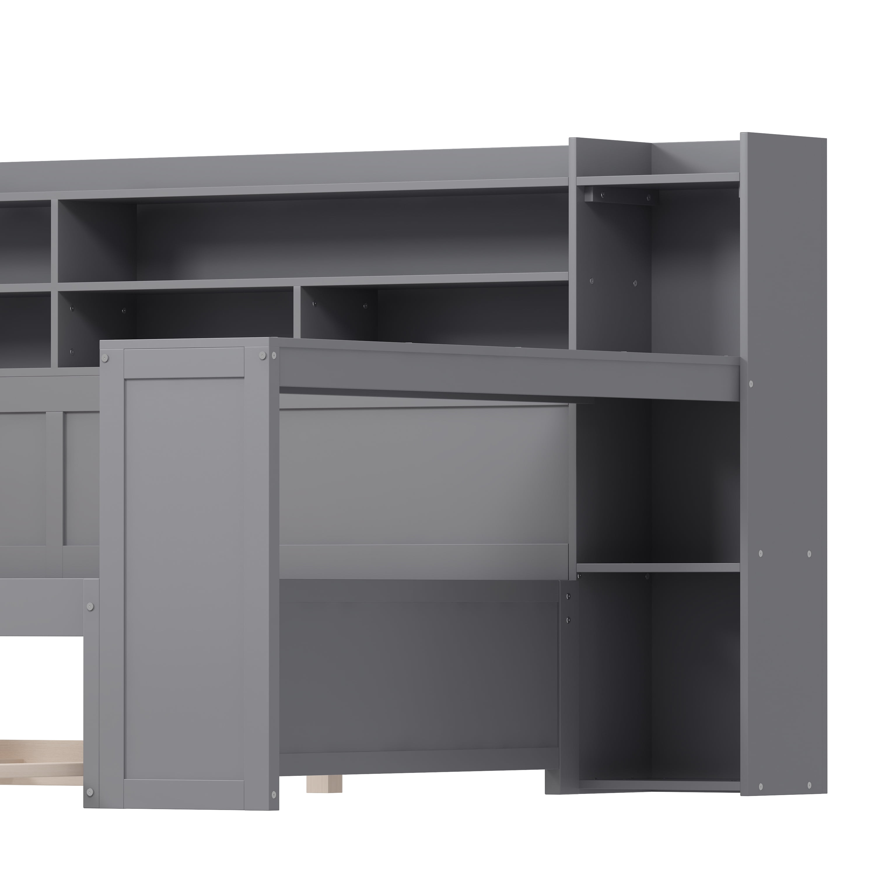 Euroco Wood Full Size Daybed with Storage Shelves and Desk, Twin Size Trundle Bed, Gray